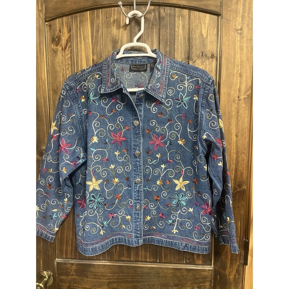 new direction denim jacket Womens Large Embroidered Floral